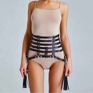 Free People Black Strappy Harness Belt with Tassels Vegan Leather